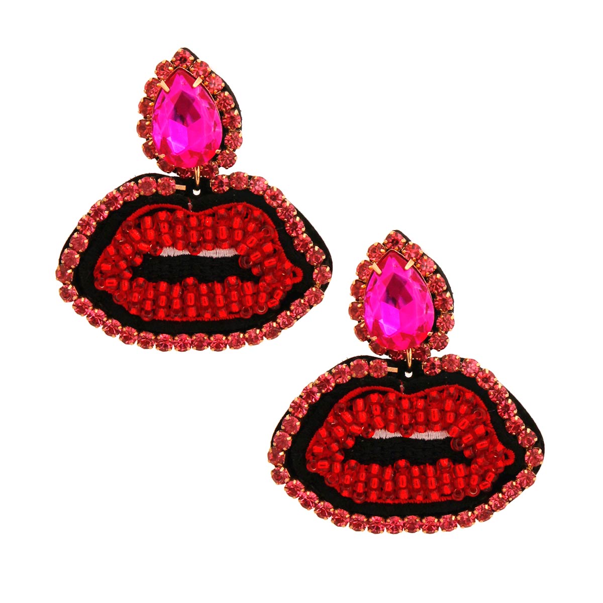Crystal Teardrop Beaded Embroidery Lips Earrings