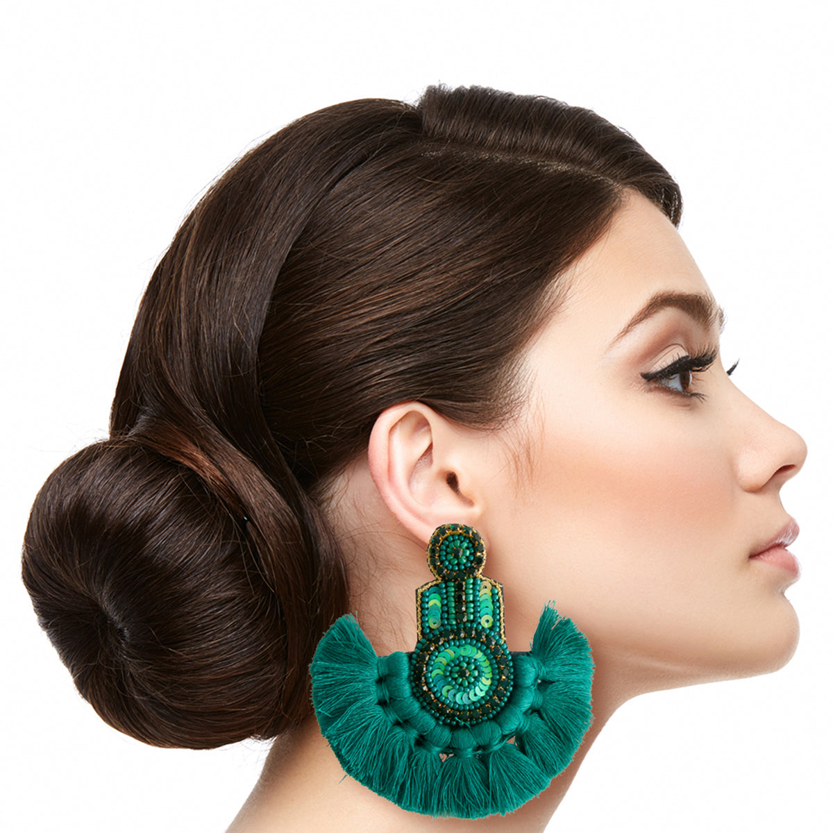 Seed Bead Crystal Fan Tassel Dangle Earrings