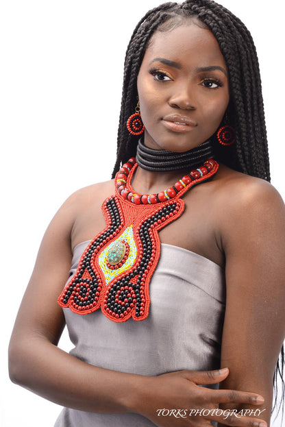 Red and Black Bead with Turquoise Mosaic Pendant Bib Necklace