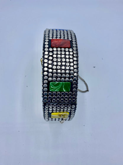 Round Silver Buttons With Yellow Heart Shapes Mosaic Clutch