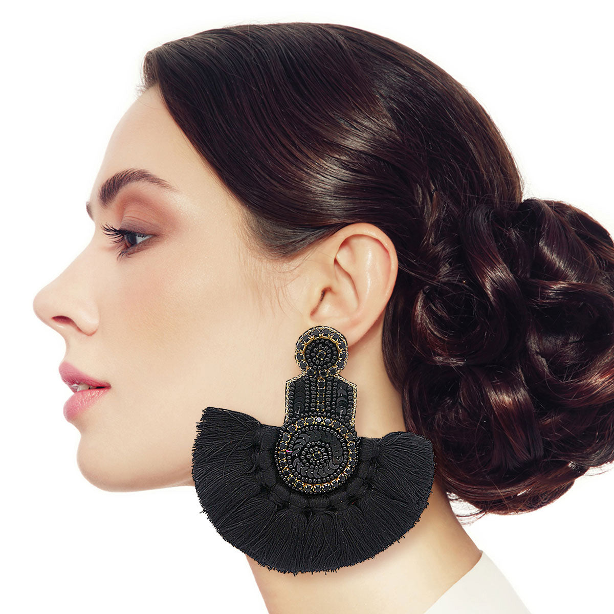 Seed Bead Crystal Fan Tassel Dangle Earrings