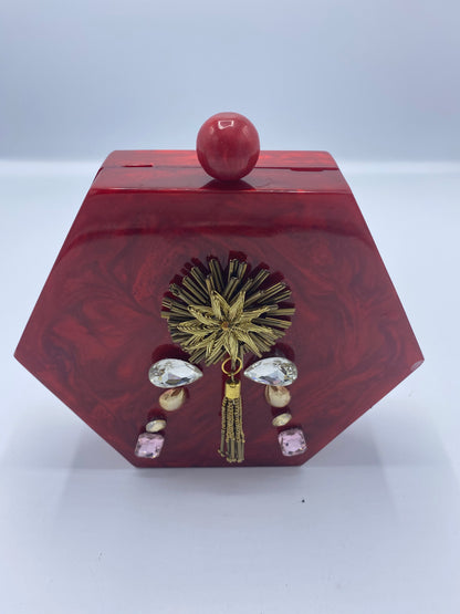 Handcrafted Red Hexagon  Resin with embellishment of pearls and stones Clutch