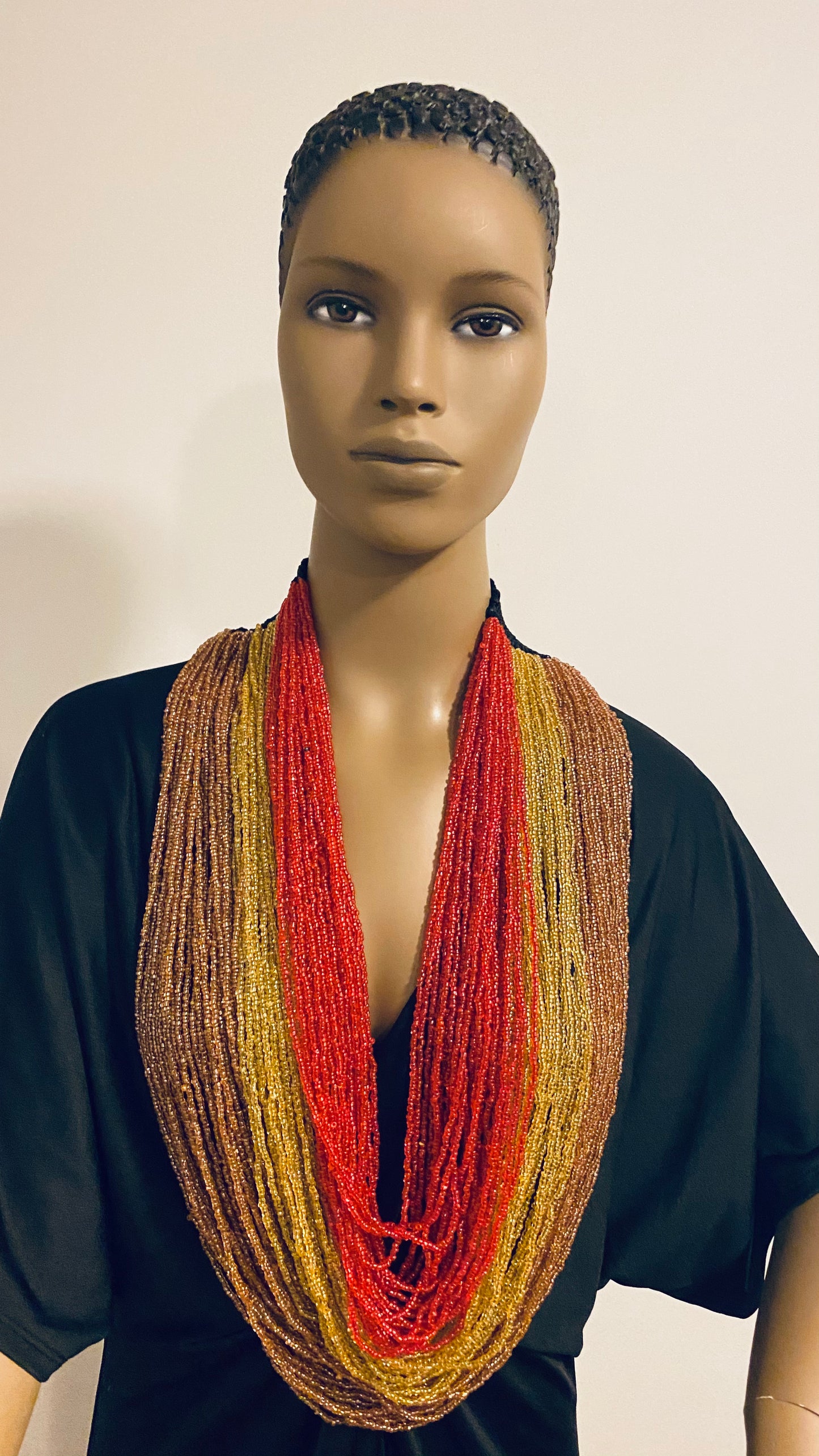 Orange Yellow and Red Long Layered Seed Bead Necklace