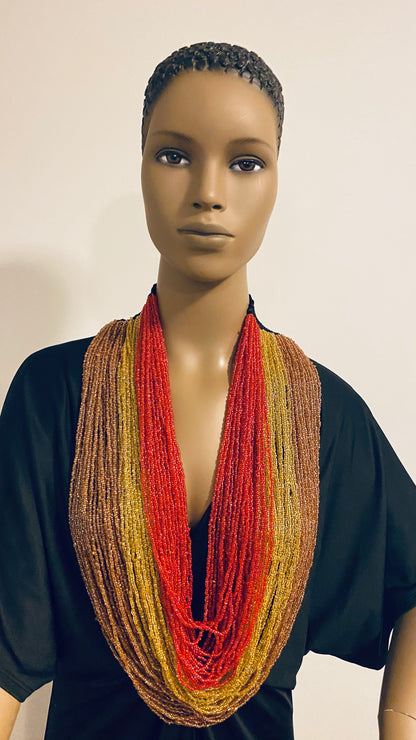 Orange Yellow and Red Long Layered Seed Bead Necklace