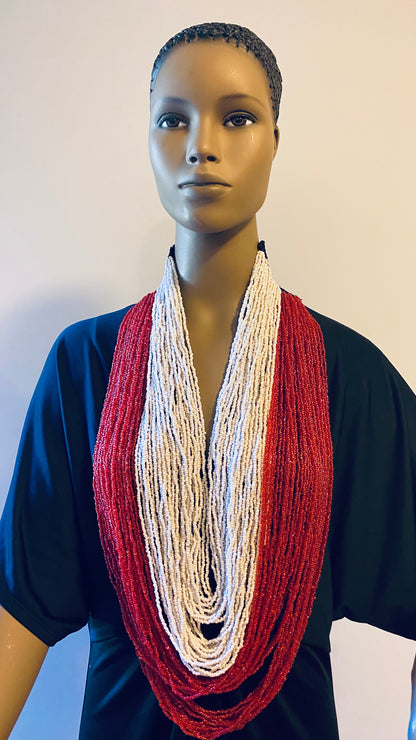 Red and White Long Layered Seed Bead Necklace