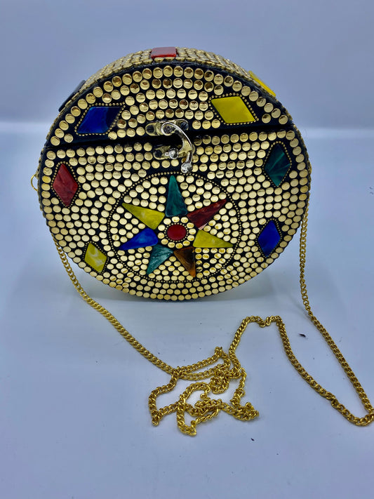 Round Golden Buttons with Multi Color Star in Center Design  Stones clutch