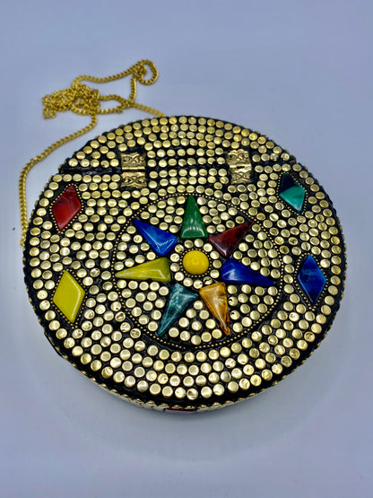 Round Golden Buttons with Multi Color Star in Center Design  Stones clutch