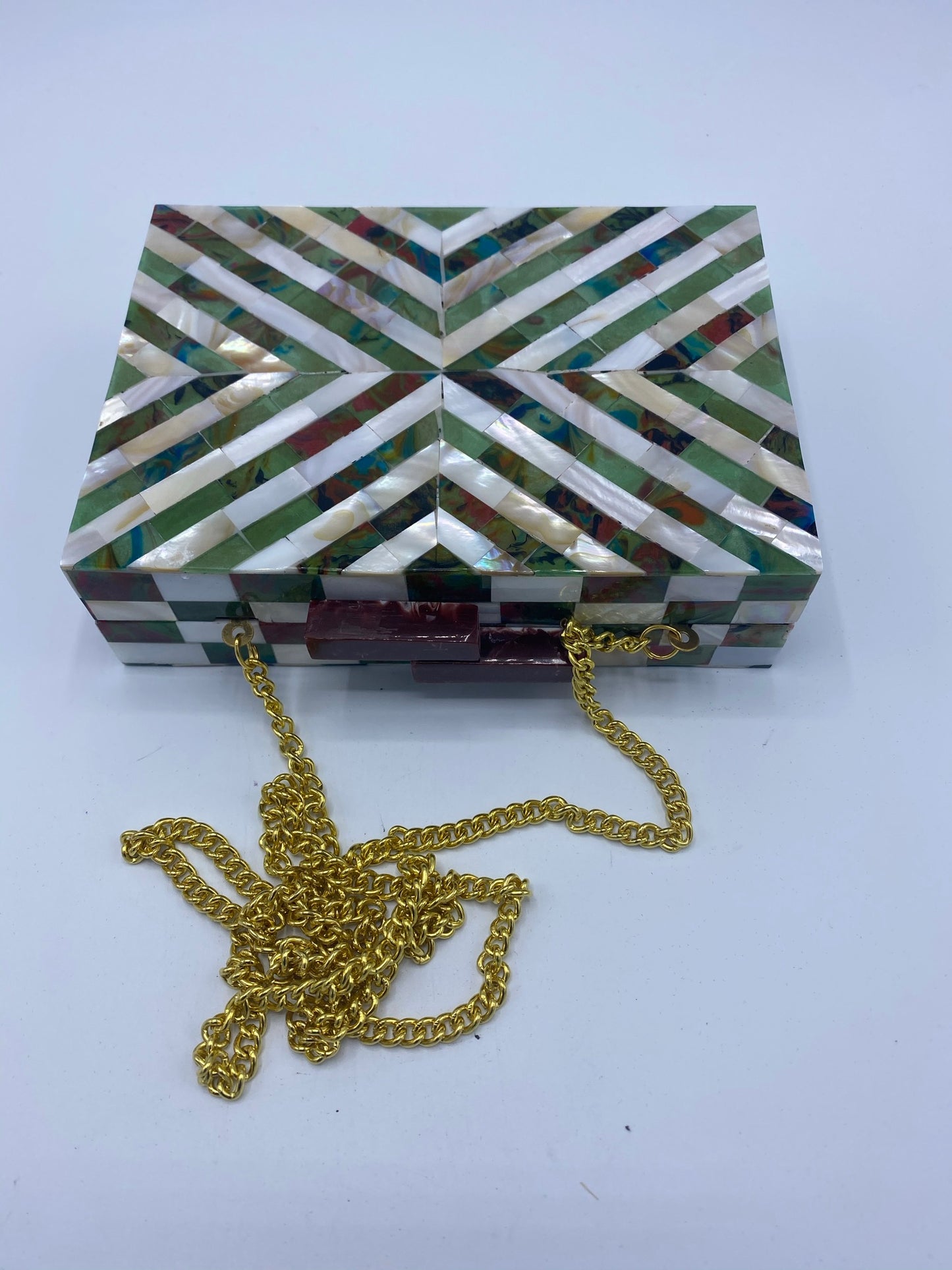 Handcrafted Chevron Green and White Mother Of Pearl Clutch