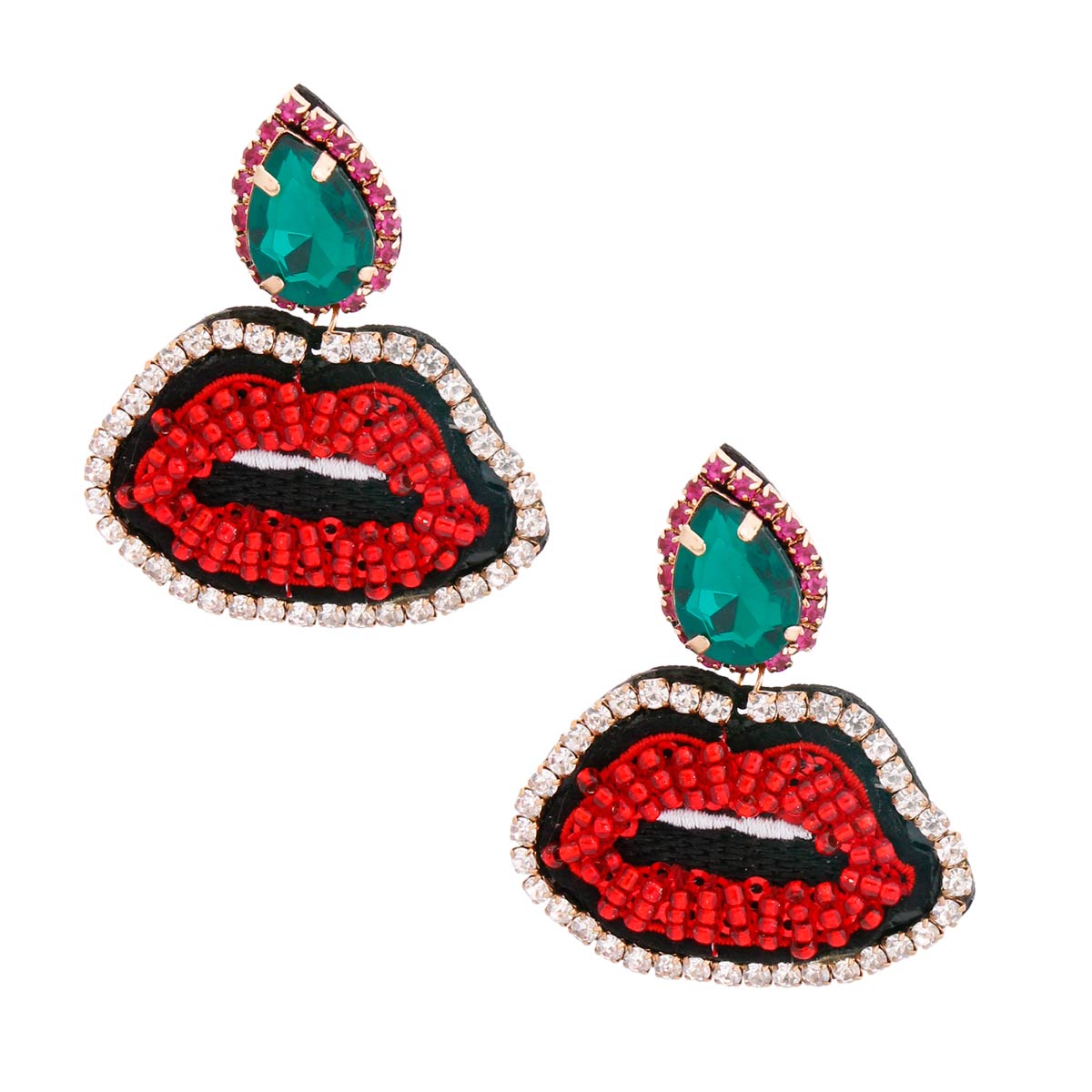 Crystal Teardrop Beaded Embroidery Lips Earrings