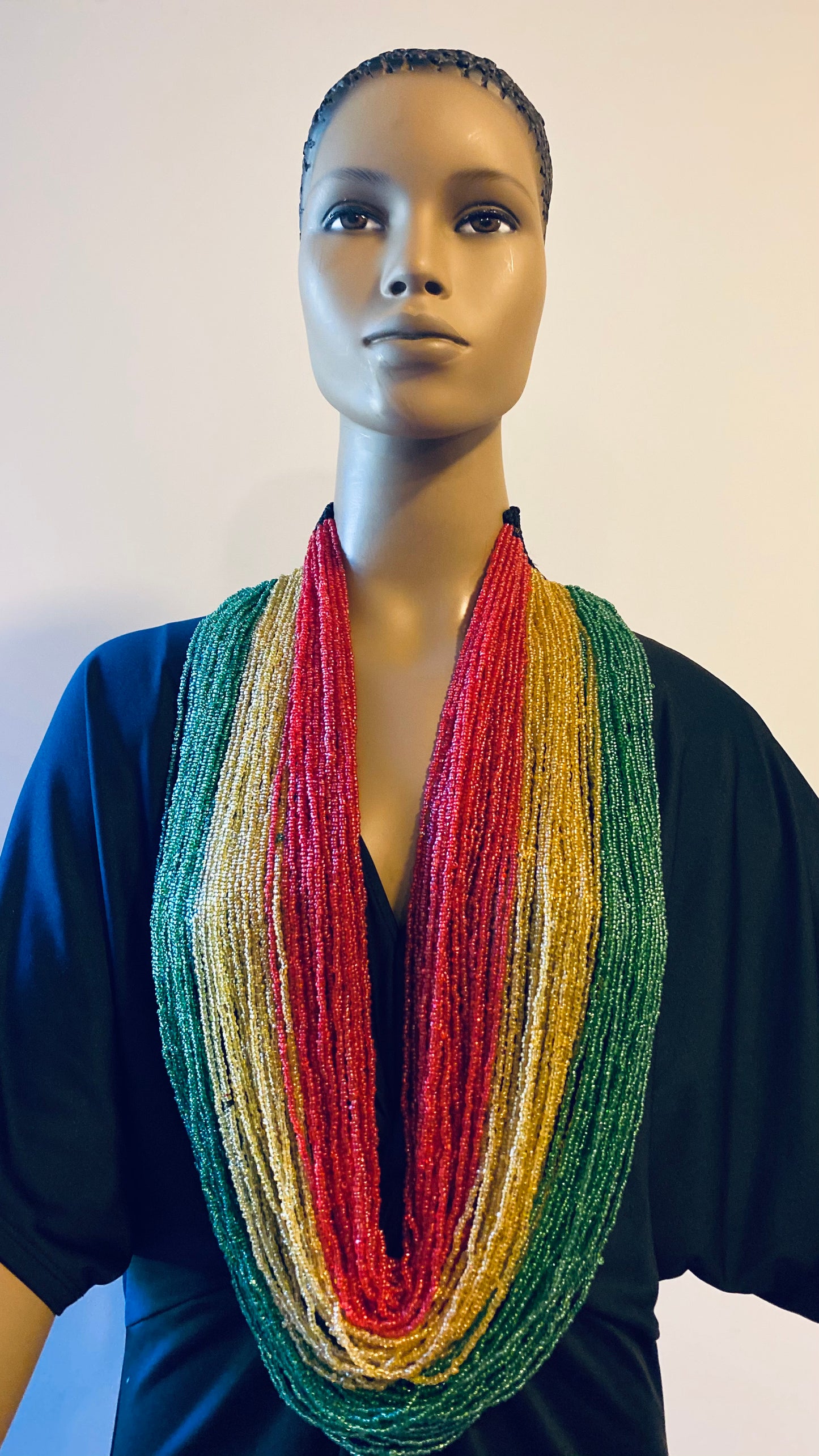 Red Gold and Green Long Layered Seed Bead Necklace