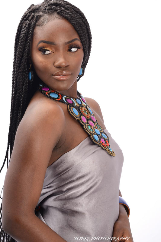 Purple and Blue Bead Bib Style Necklace Set