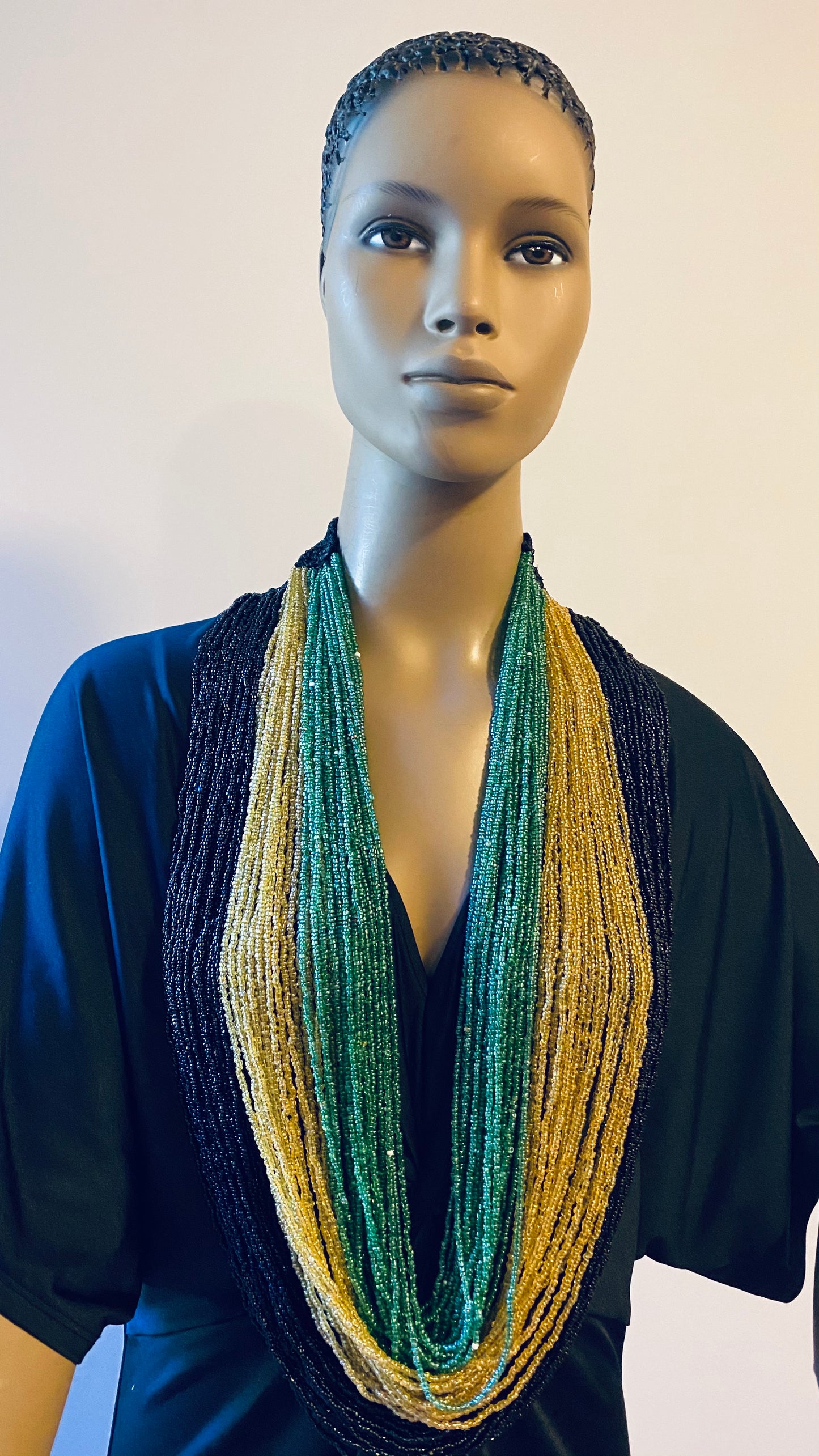Black Gold and Green Long Layered Seed Bead Necklace