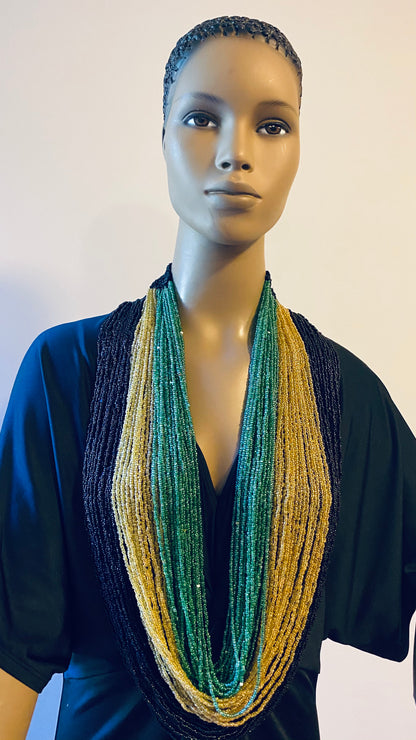 Black Gold and Green Long Layered Seed Bead Necklace