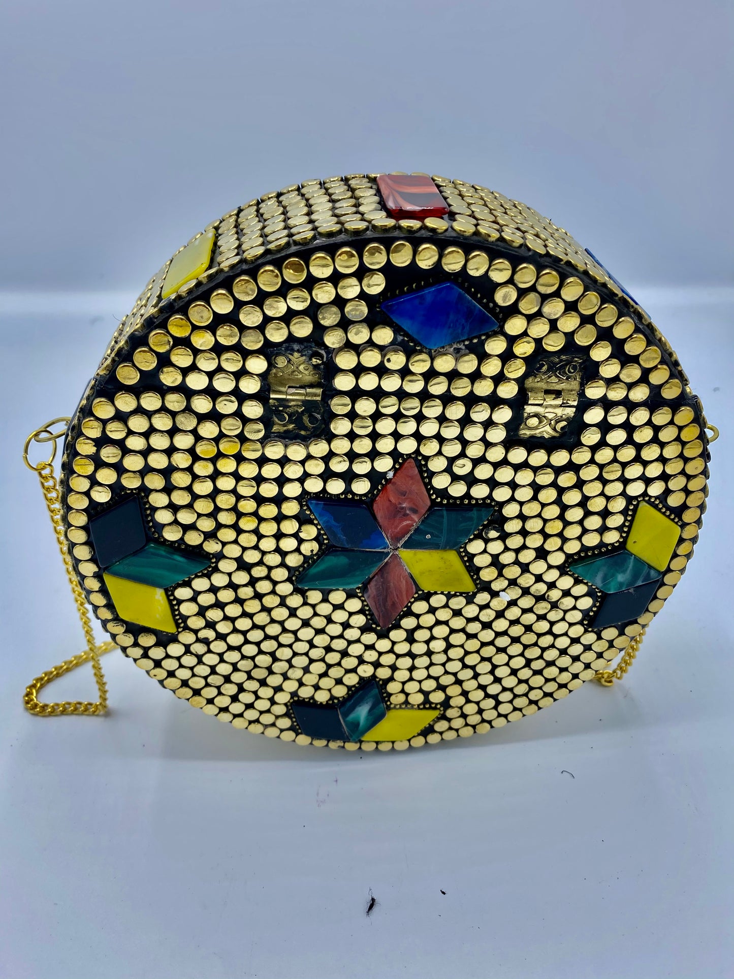 Round Golden Buttons with Multi Color Stars Design  Stones clutch
