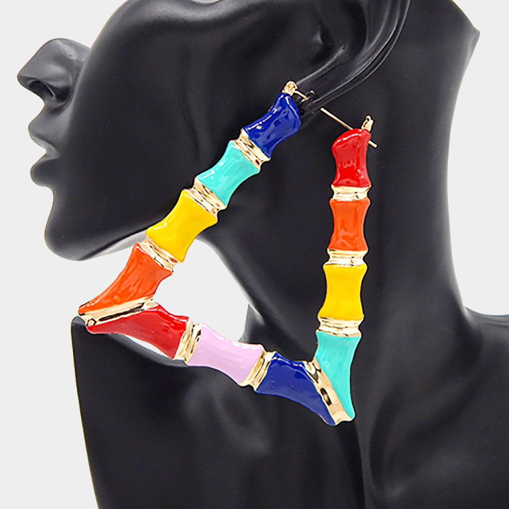 Enamel Metal Bamboo Trapezoid Hoop Earrings