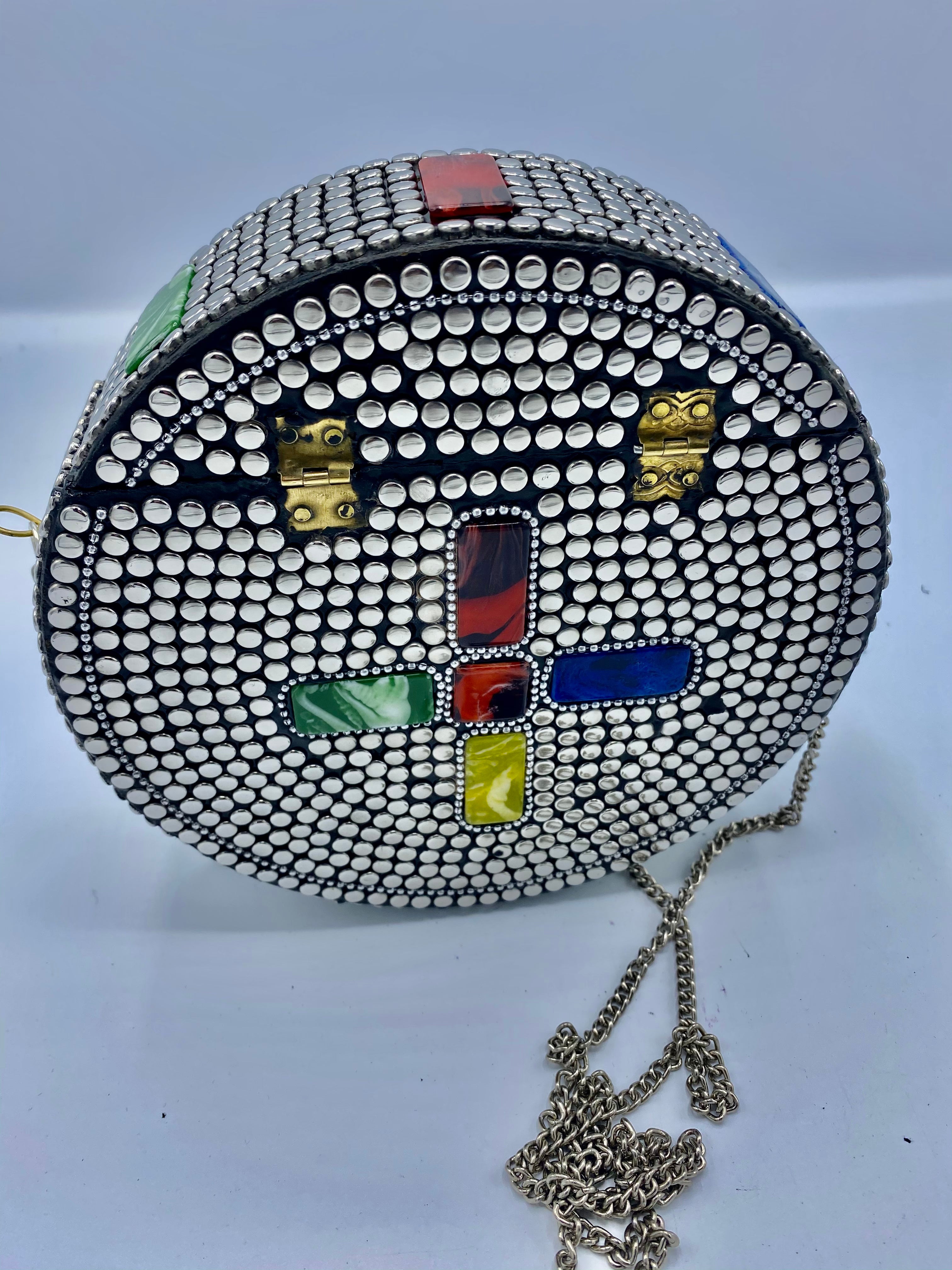 Round Silver Buttons with Cross Multi Colors Stones Design Clutch
