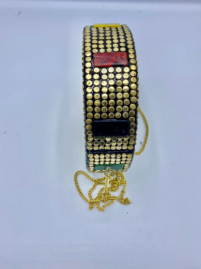 Round Golden Buttons with Multi Color Star in Center Design  Stones clutch