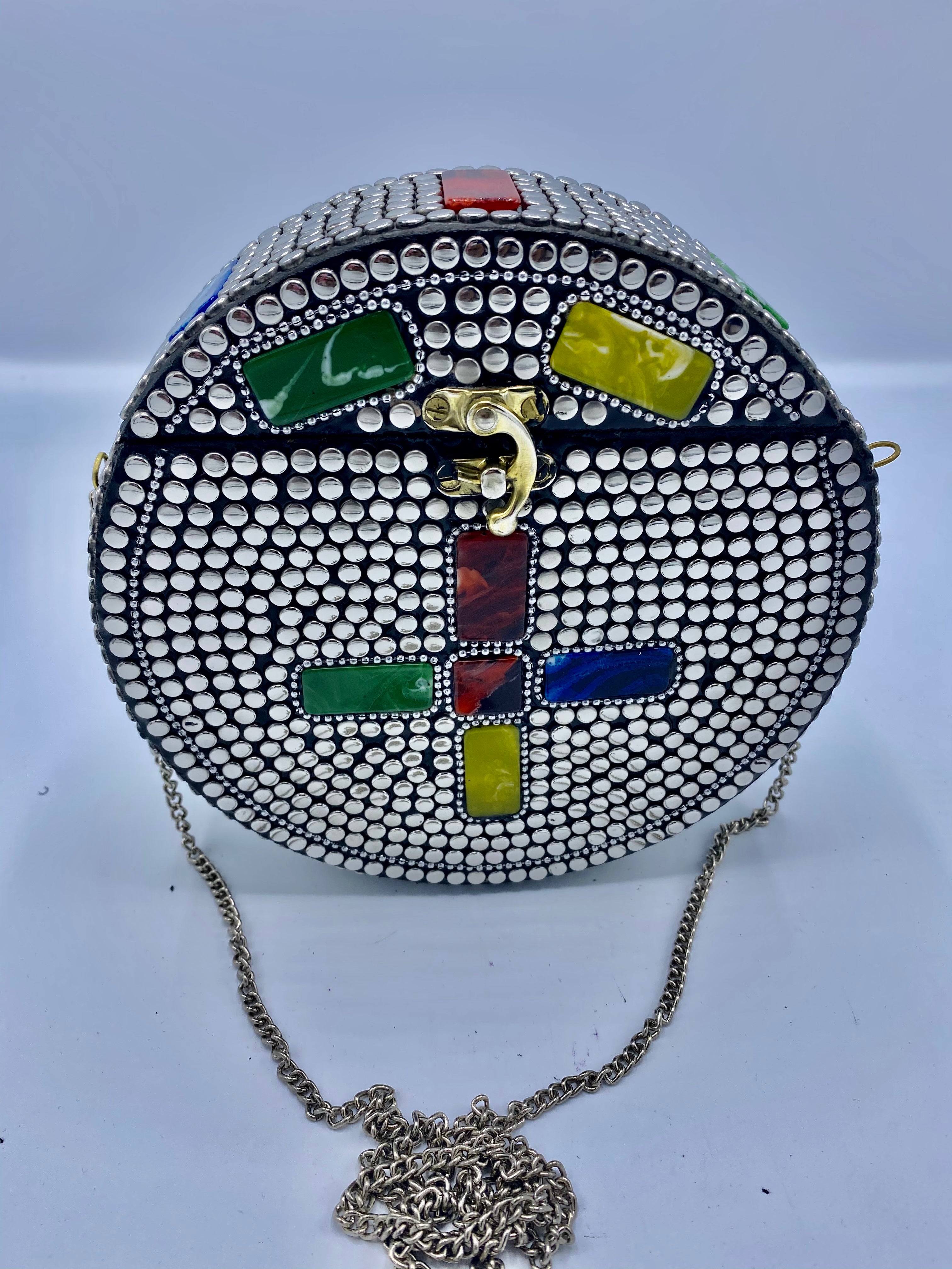 Round Silver Buttons with Cross Multi Colors Stones Design Clutch