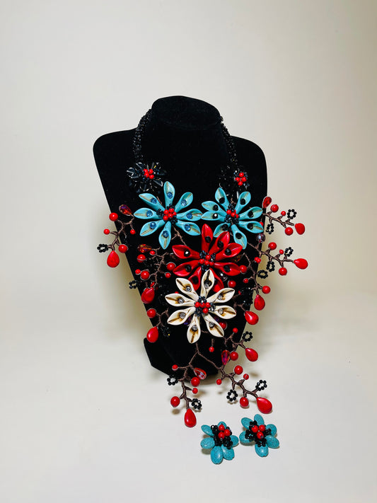 Red White And Turquoise Blue Beds Of  Flowers Necklace Set