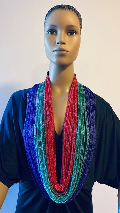 Light Green, Navy, and Red Long Layered Seed Bead Necklace
