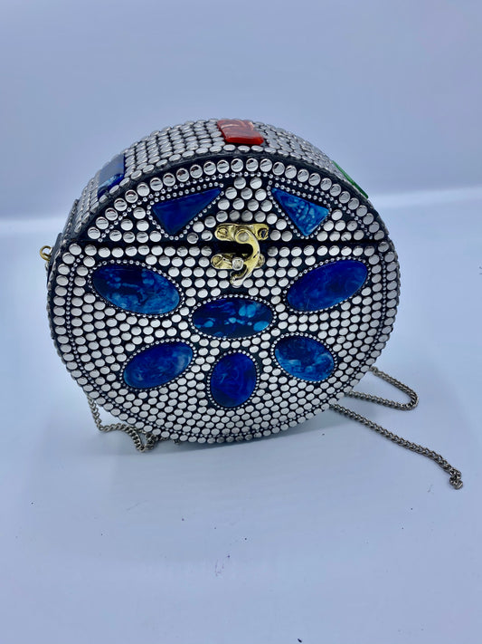 Round Silver Buttons with Blue Stones  Design Clutch