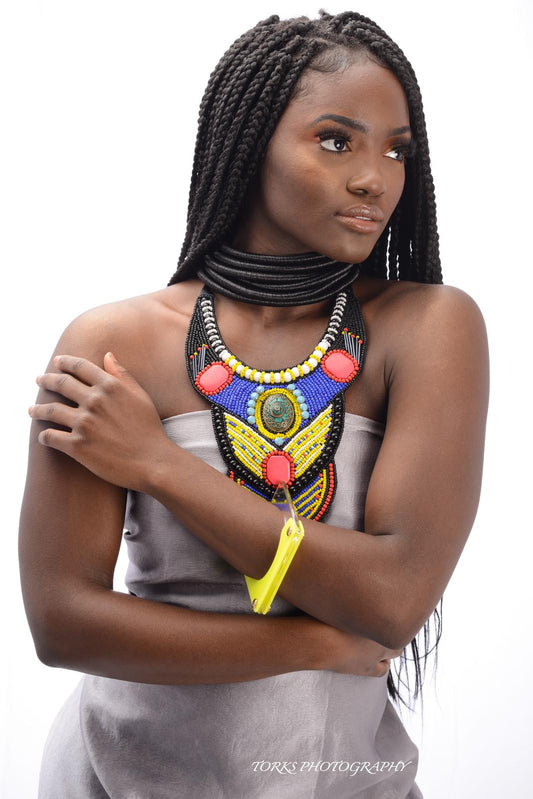 Multi Color Bead with Turquoise Mosaic Pendant Bib Necklace