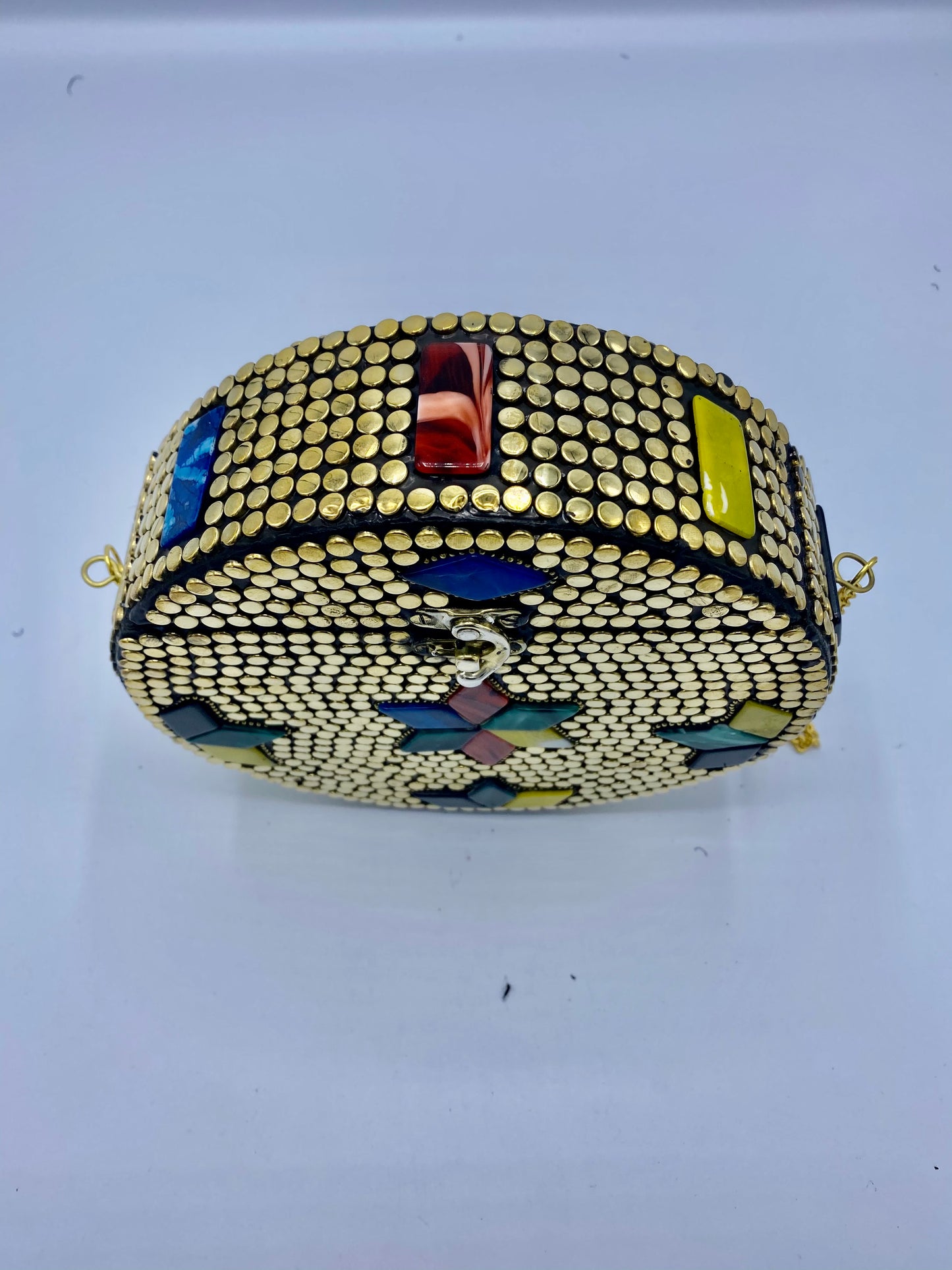 Round Golden Buttons with Multi Color Stars Design  Stones clutch