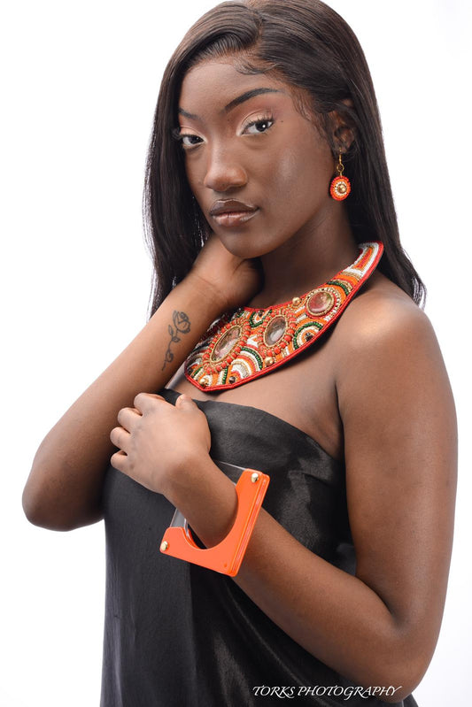 Red, White, and Orange Bead Round Collar Bib Necklace Set