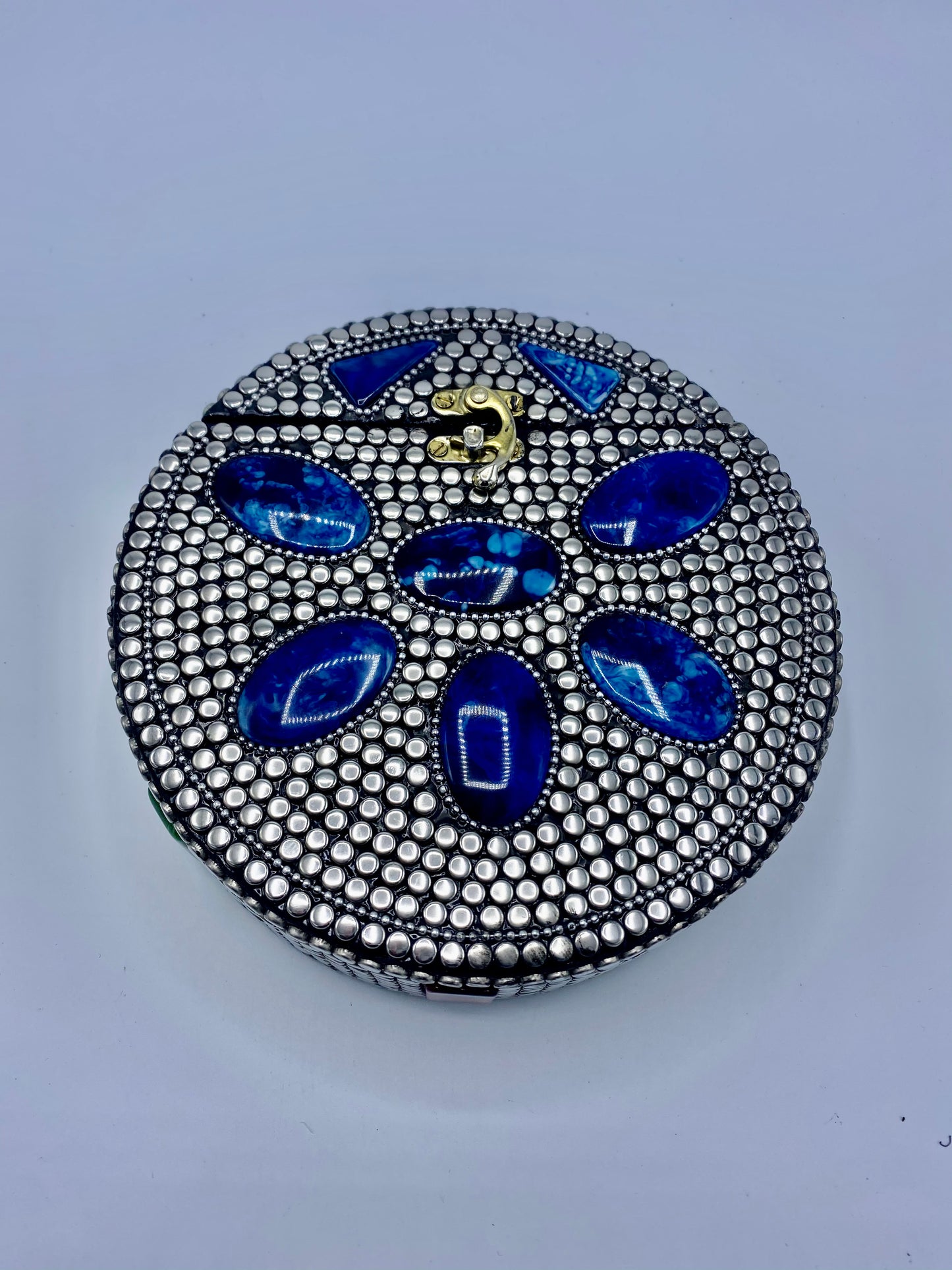 Round Silver Buttons with Blue Stones  Design Clutch