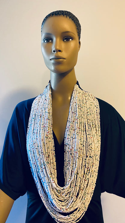 White with Multi Colors Long Layered Seed Bead Necklace