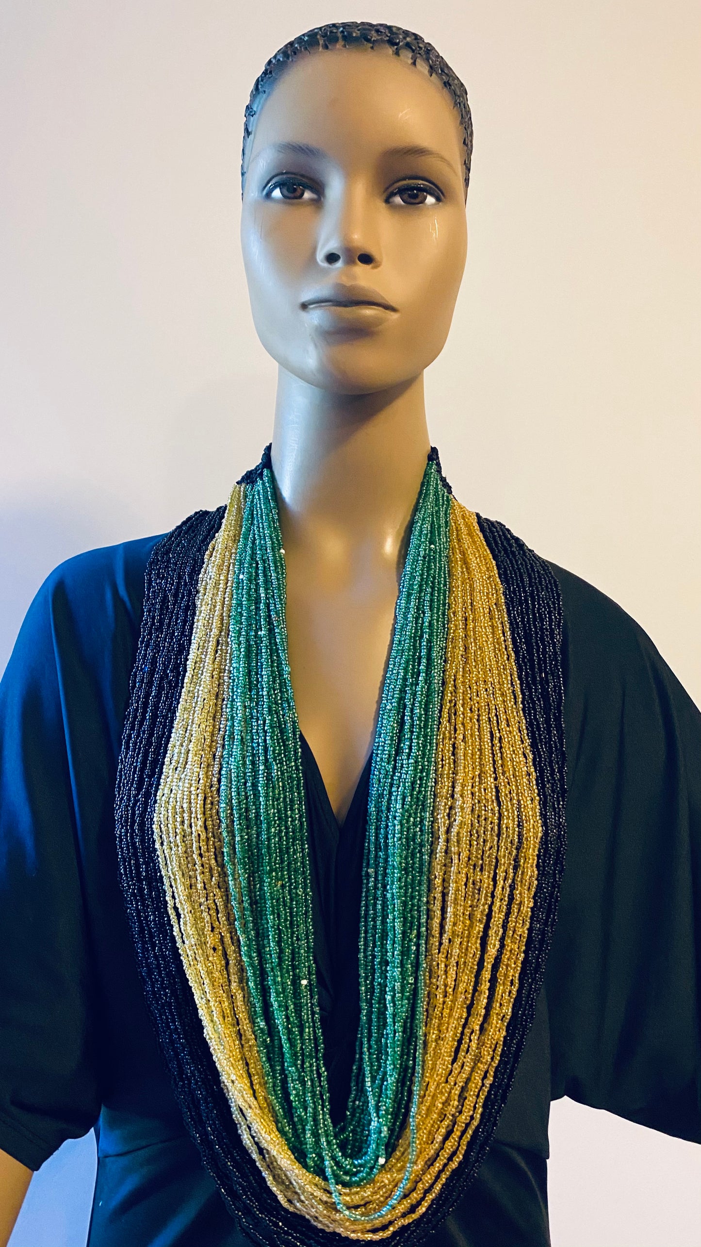 Black Gold and Green Long Layered Seed Bead Necklace