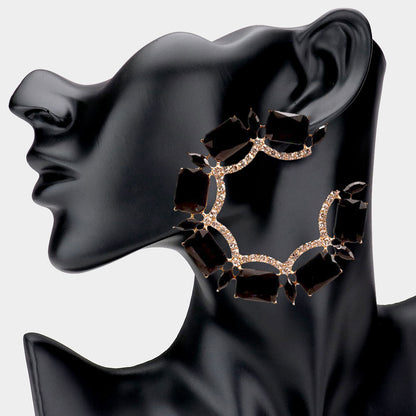 Rectangle Stone Accented Hoop Evening Earrings