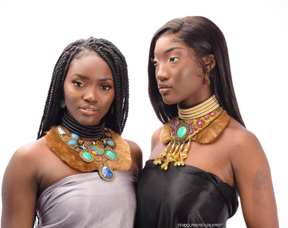 Multi Color Bead and Fur Collar Bib Necklace Set with Gold and Rhinestone Drops