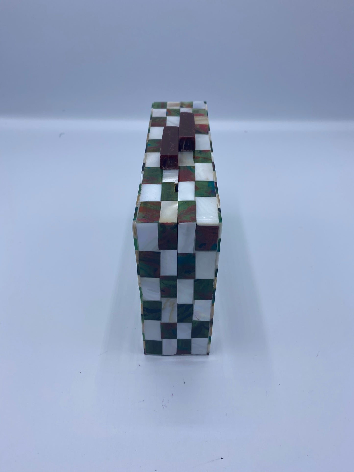 Handcrafted Chevron Green and White Mother Of Pearl Clutch