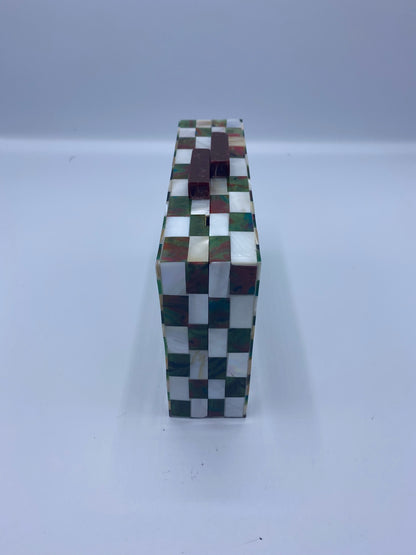 Handcrafted Chevron Green and White Mother Of Pearl Clutch