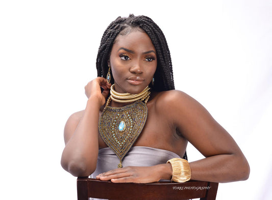 Gold Beaded Bib Necklaces Set with Rhinestones and Tassel