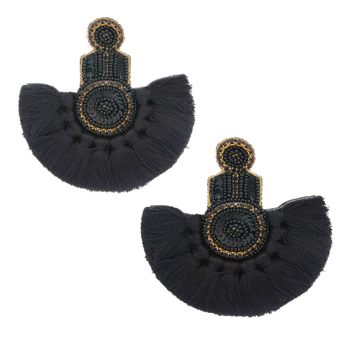 Seed Bead Crystal Fan Tassel Dangle Earrings