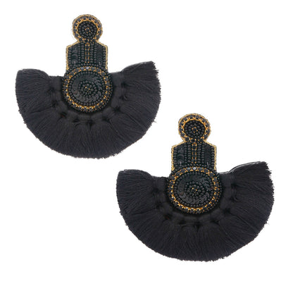 Seed Bead Crystal Fan Tassel Dangle Earrings