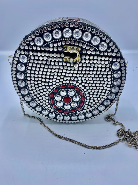 Round Silver Buttons with Red  Stones Design Clutch