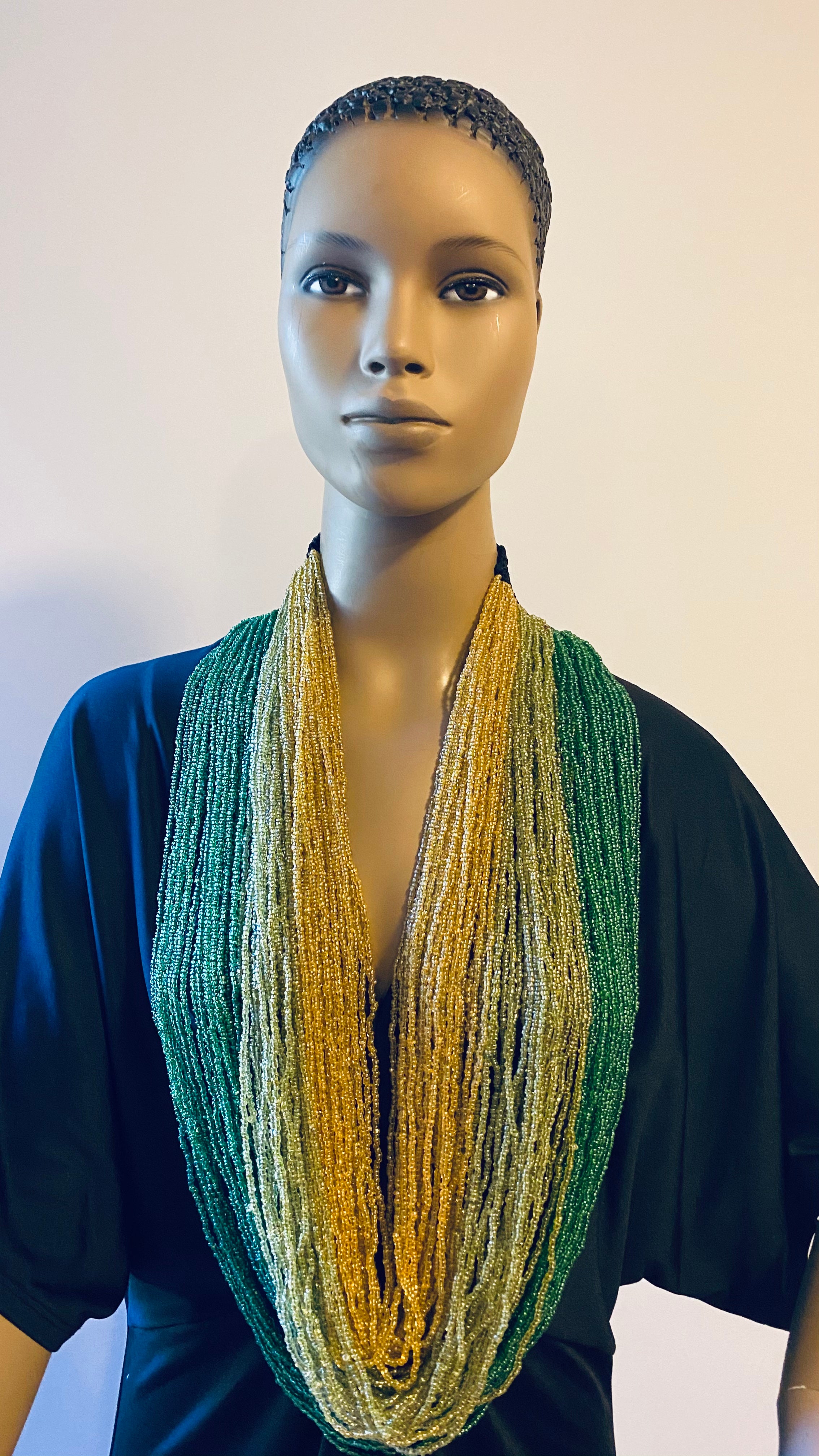 Green, Lime Green and Gold Long Layered Seed Bead Necklace.