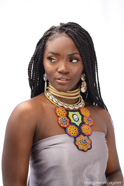 Multi Color Cowrie Shell Tribal Bib Necklace