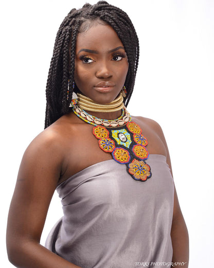 Multi Color Cowrie Shell Tribal Bib Necklace