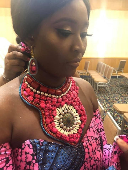 Multi Color Bead and Stone Raised Collar Bib Necklace Set