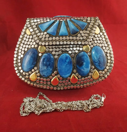 Silver Handmade Bohemian metal shell with Mosaic Tiles Statement Clutch.