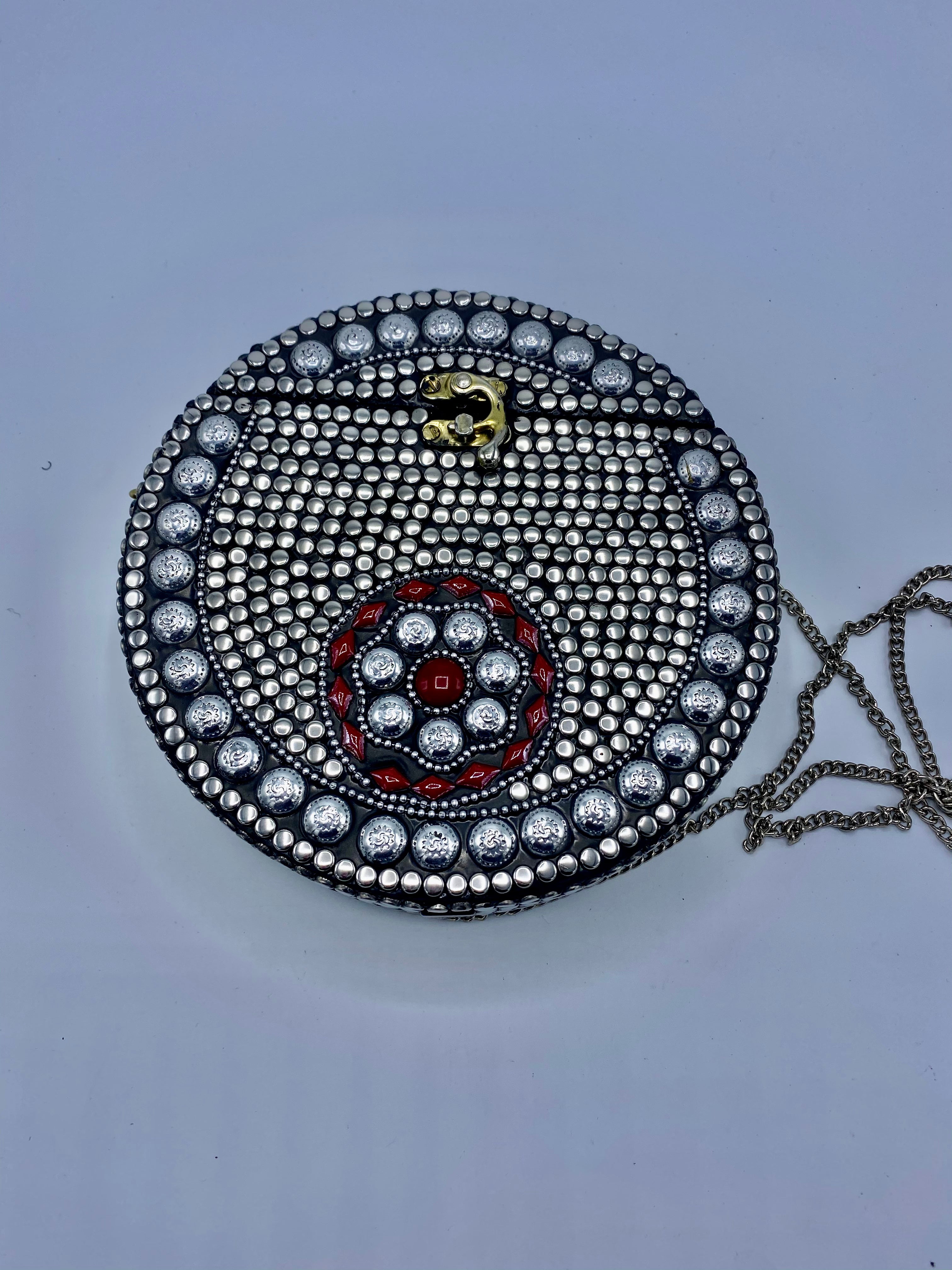 Round Silver Buttons with Red  Stones Design Clutch