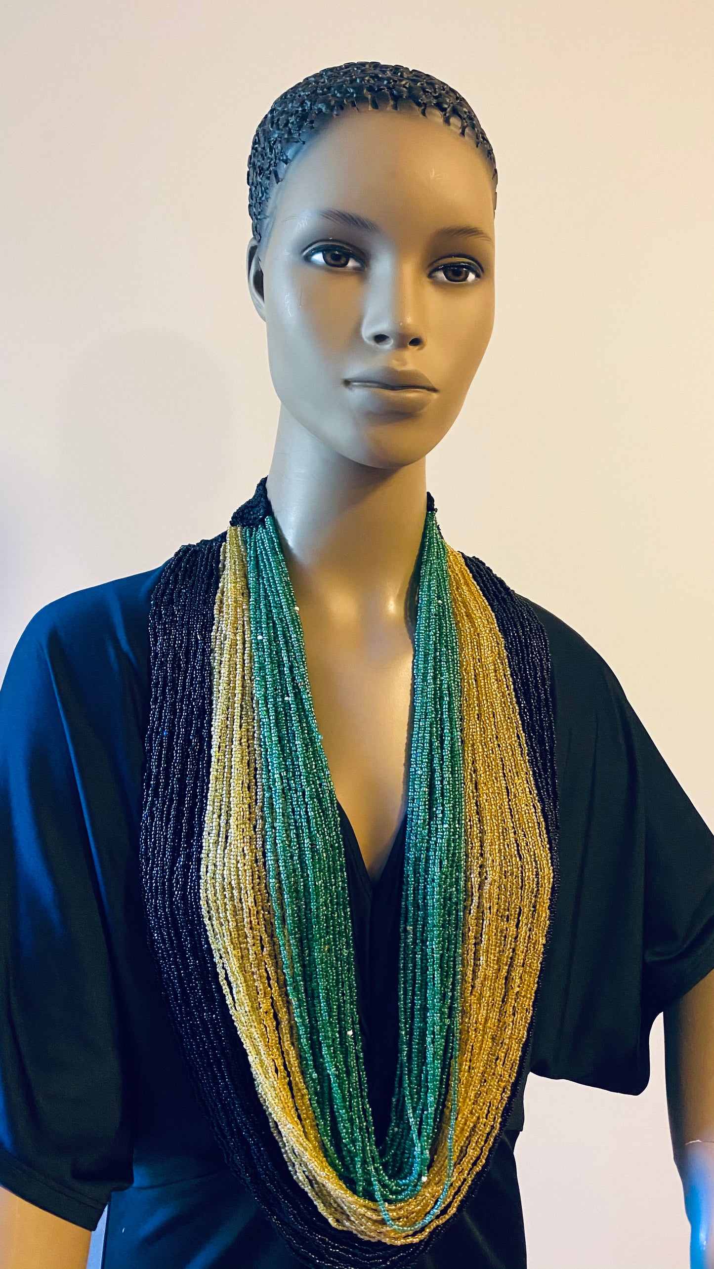 Black Gold and Green Long Layered Seed Bead Necklace