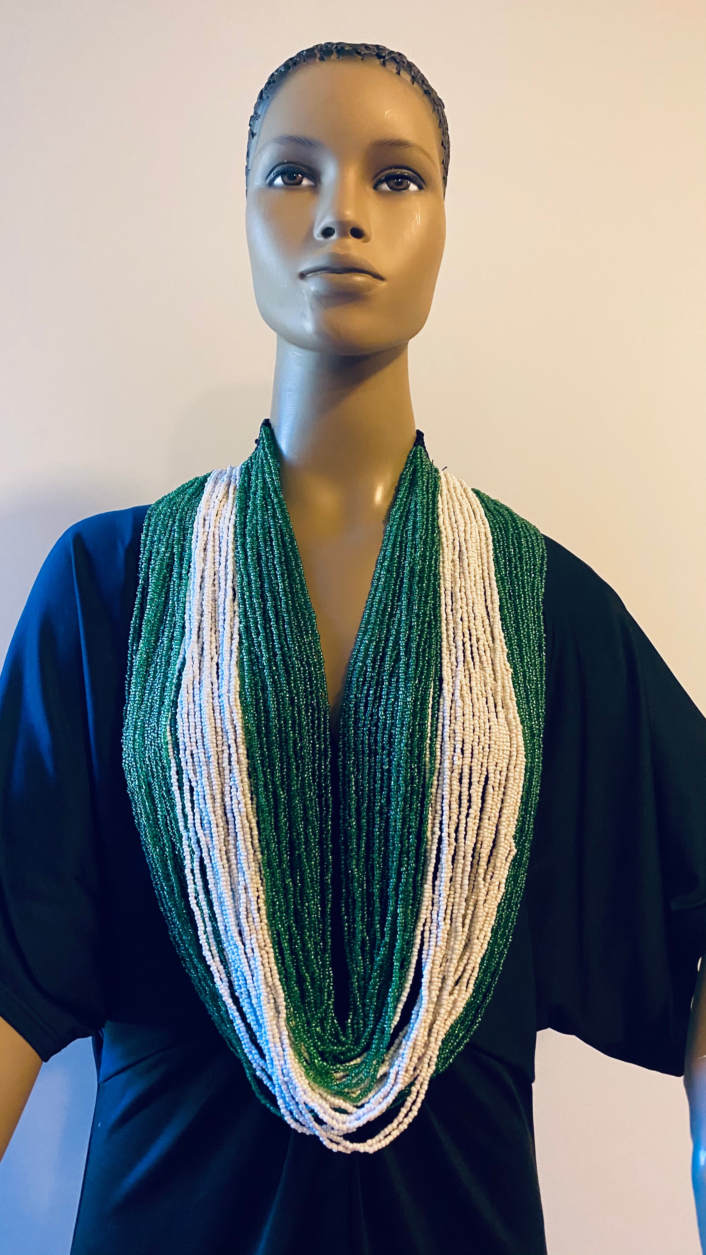Green and White Long Layered Seed Bead Necklace