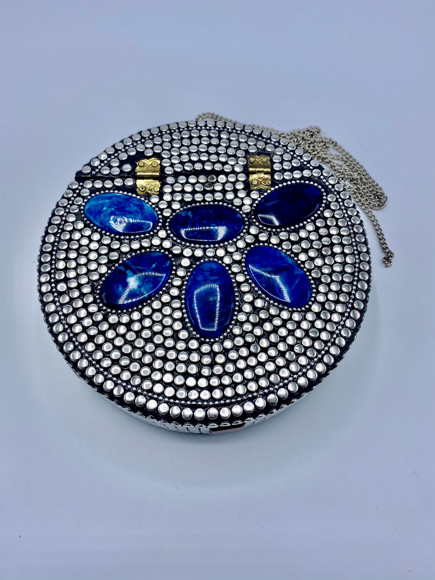 Round Silver Buttons with Blue Stones  Design Clutch