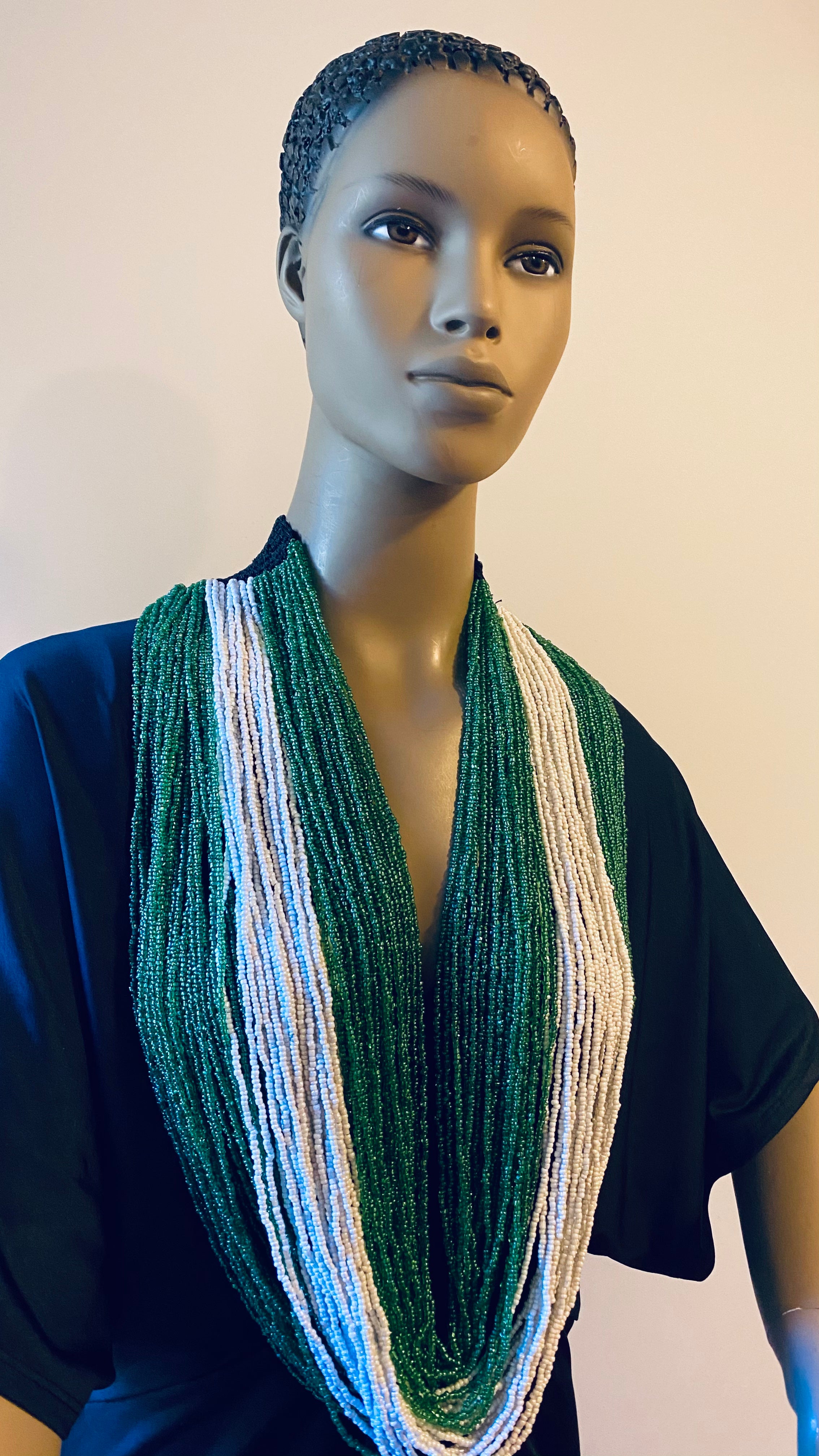 Green and White Long Layered Seed Bead Necklace