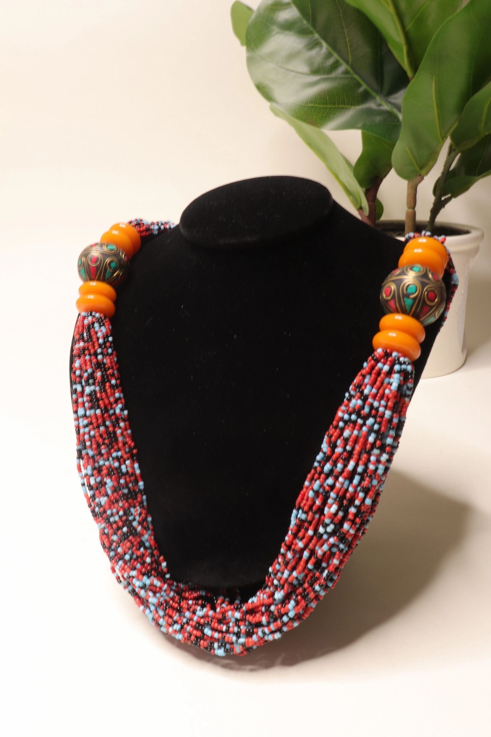 Long Layered Multi Color Seed Bead and Mosaic Ball Necklace
